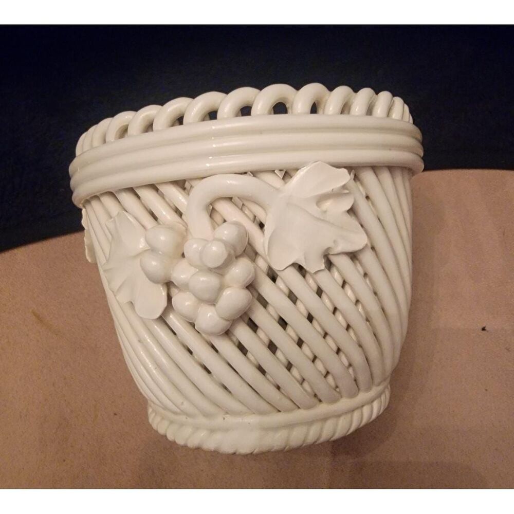 Vintage Made in Italy Ceramic Lattice Basket Planter Grape Vine White 4 inch